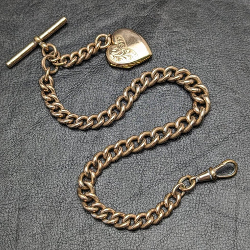 英國古董軋金阿爾伯特鏈 9ct 金心形小盒墜子